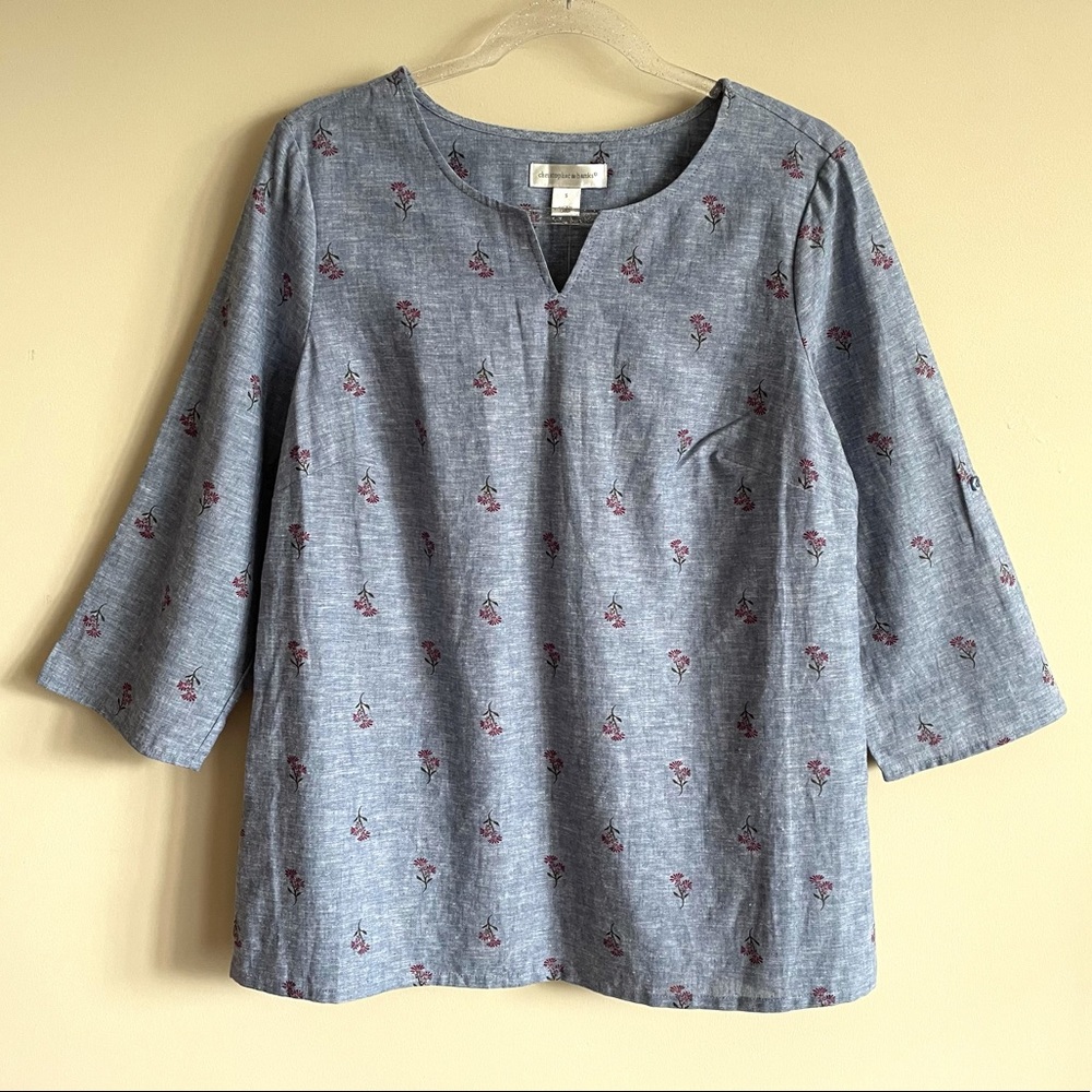 CHRISTOPHER & BANKS Linen Blend 3/4 Roll Tab Sleeve Top Floral